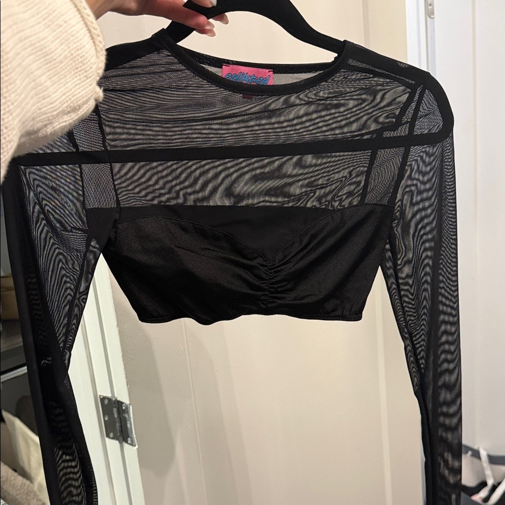 Edikted Black Long-Sleeve Mesh Crop Top with Built-In Bandeau
